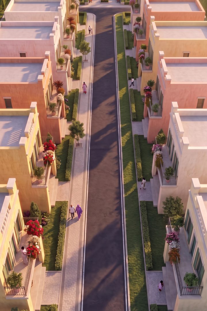 Impression of Altana Amalfi from above: a lane of detached two-storey pastel houses