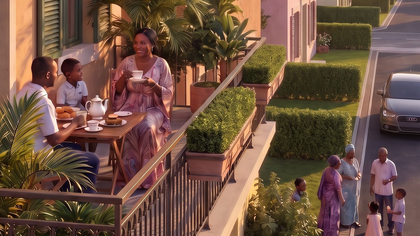 Impression of a family on an Altana Amalfi balcony at golden hour
