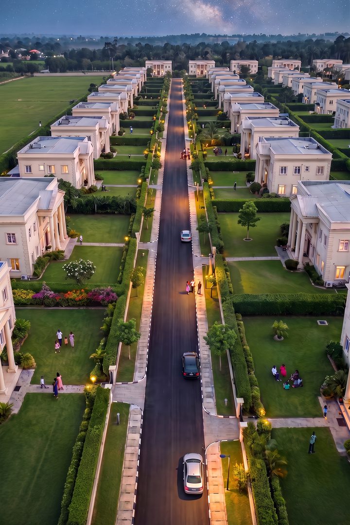 Impression of Altana Astra from above: villas in large gardens at dusk