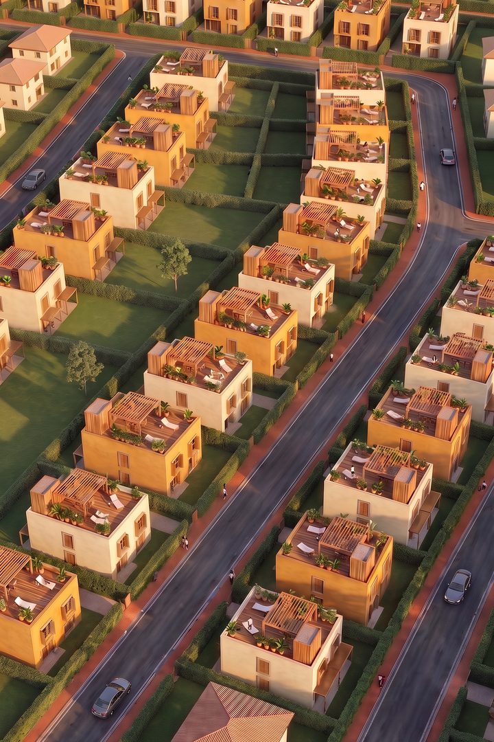 Impression of Altana Levante from above: flat-roofed houses with roof terraces