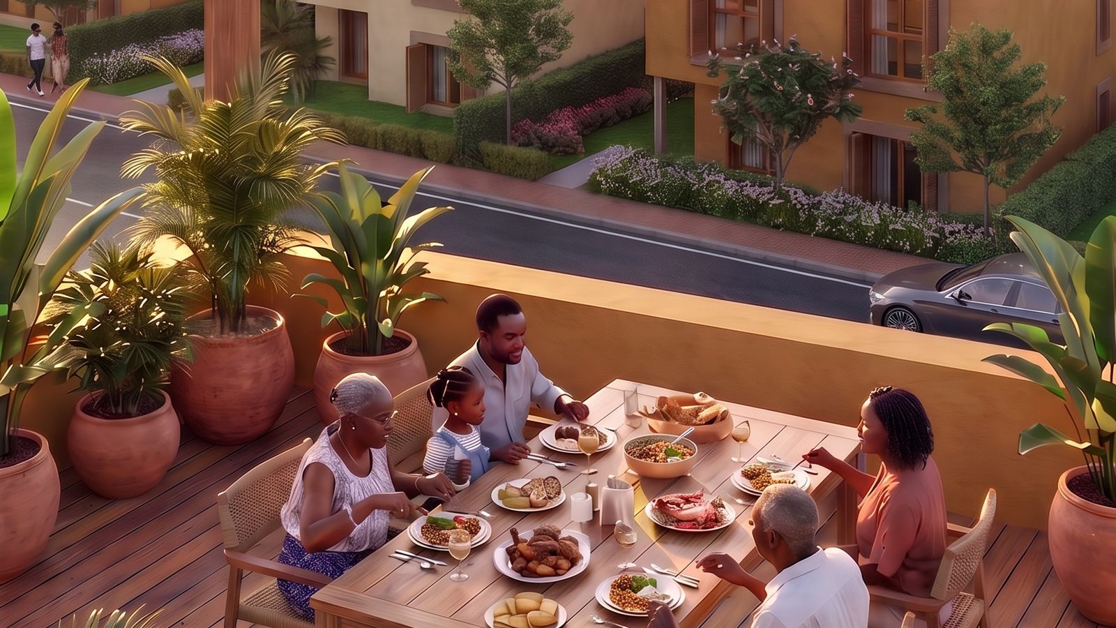 Impression of a family at dinner on a Levante roof terrace at sunset