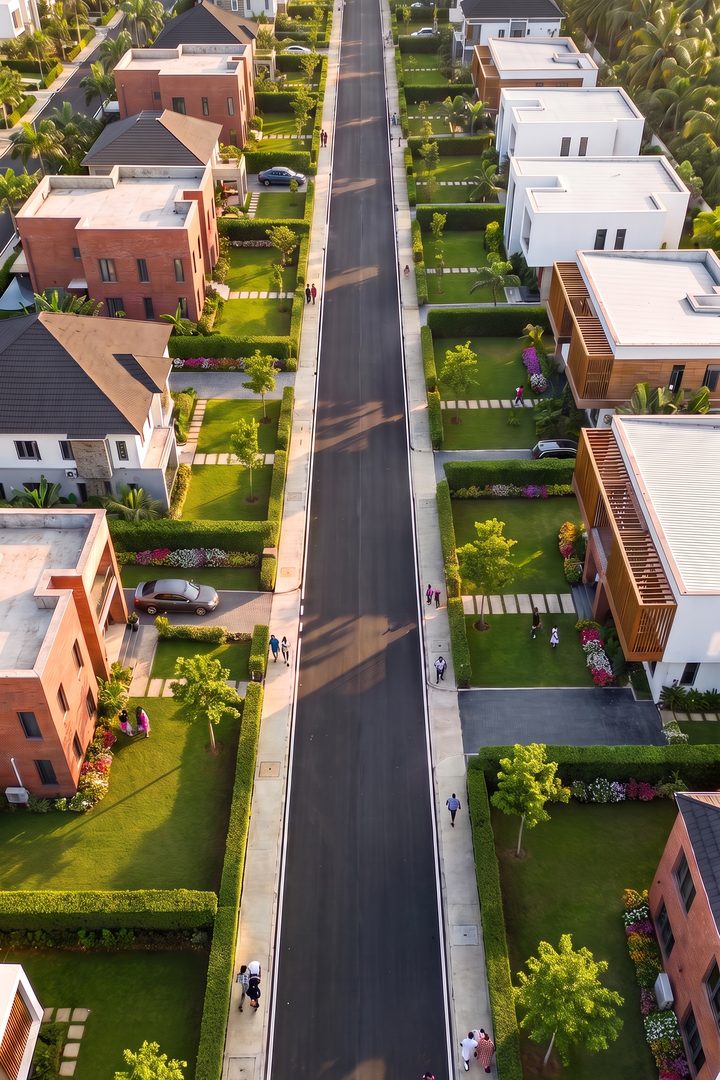 Impression of Altana Libero from above: different modern houses on one green street