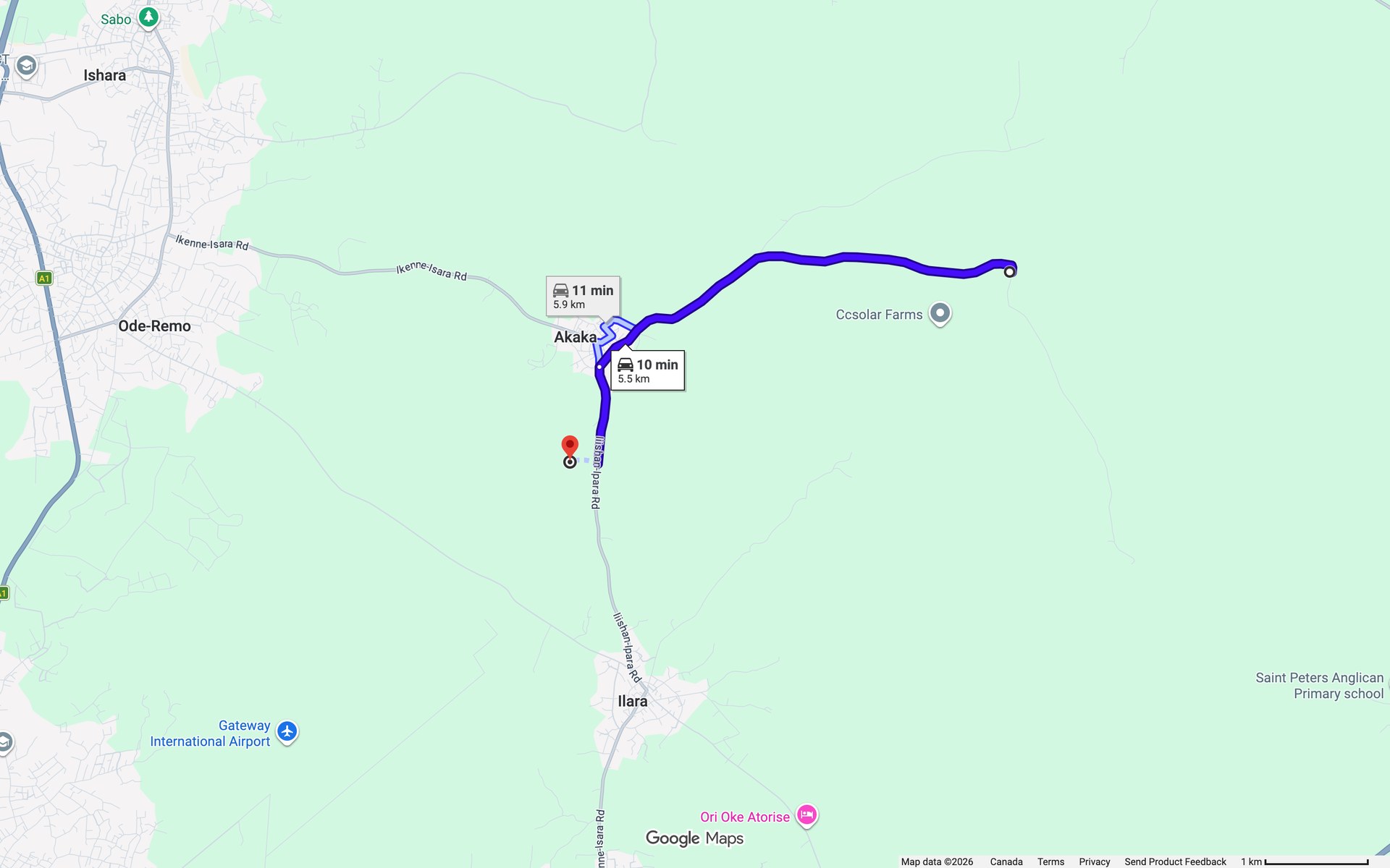 Google Maps directions from Altana to the back fence of Gateway International Airport: 10 minutes over 5.5 km, or 11 minutes over 5.9 km