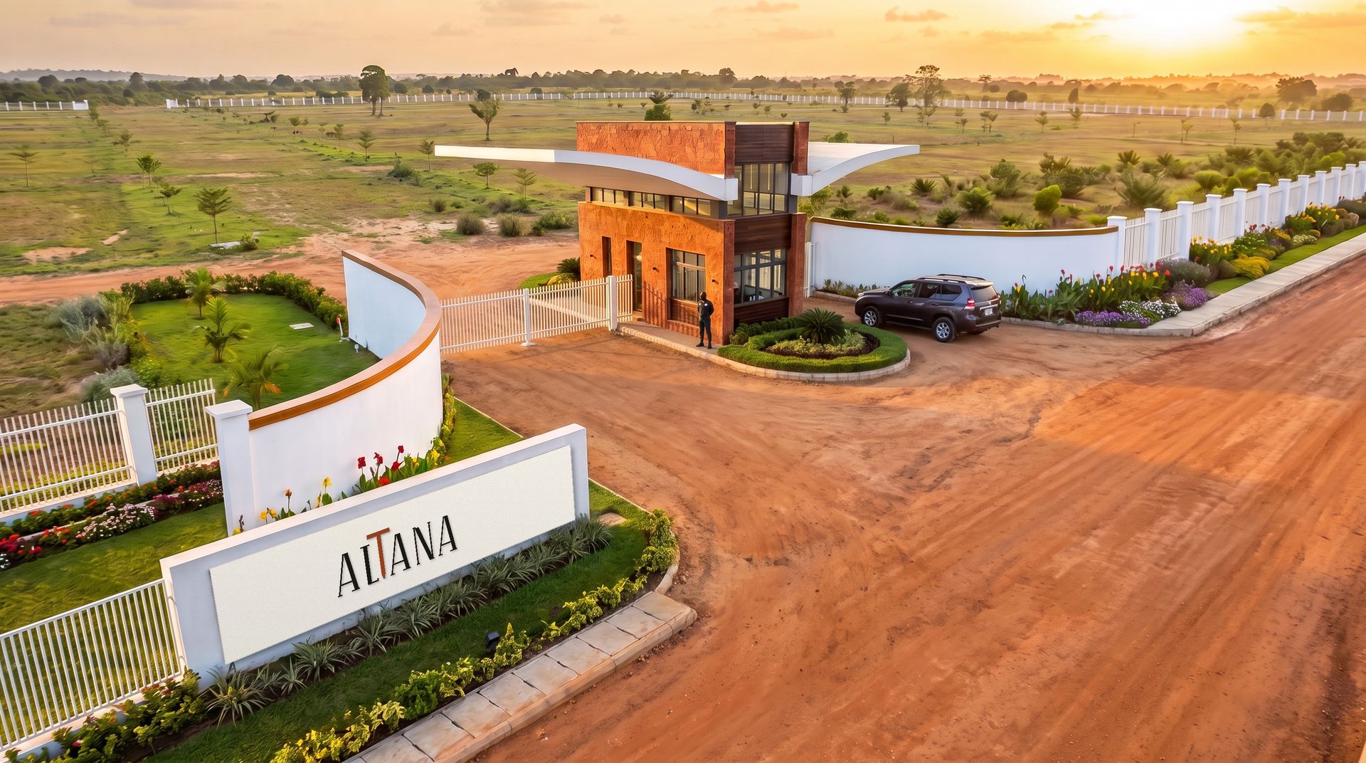 Impression of the Altana gate and fence in 2027, with an earth road and open land behind