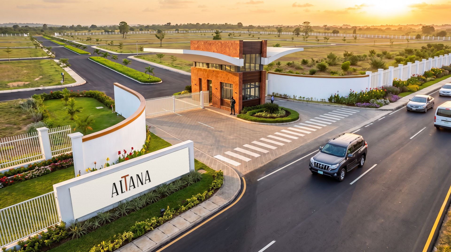 Impression of the Altana gate in 2032, with tarred roads and empty plots