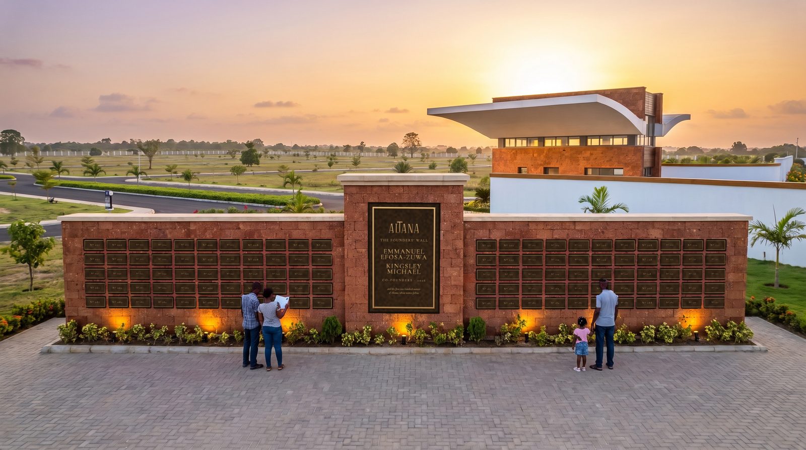 Impression of the Founders' Wall just inside the Altana gate: a laterite wall with the co-founders' bronze plaque in the middle and rows of numbered bronze plates on each side