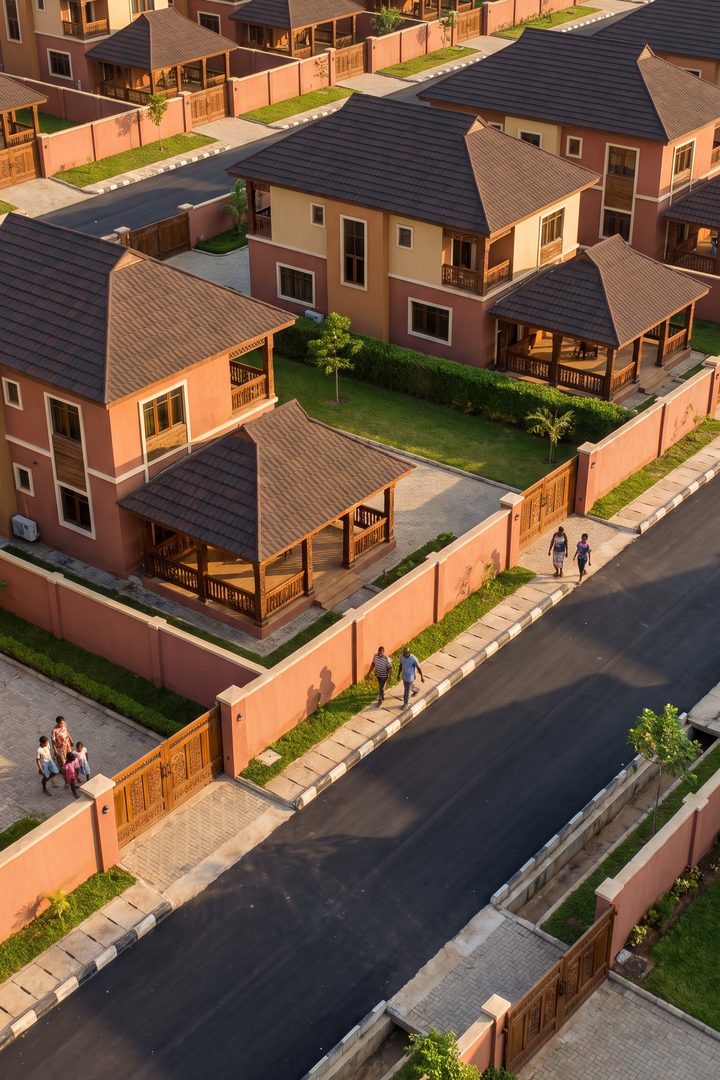 Impression of Altana Obi from above: homes with an obi pavilion at the front, behind low walls and carved gates