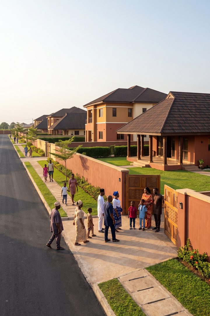 Impression of an Altana Obi street with carved wooden gates and obi pavilions