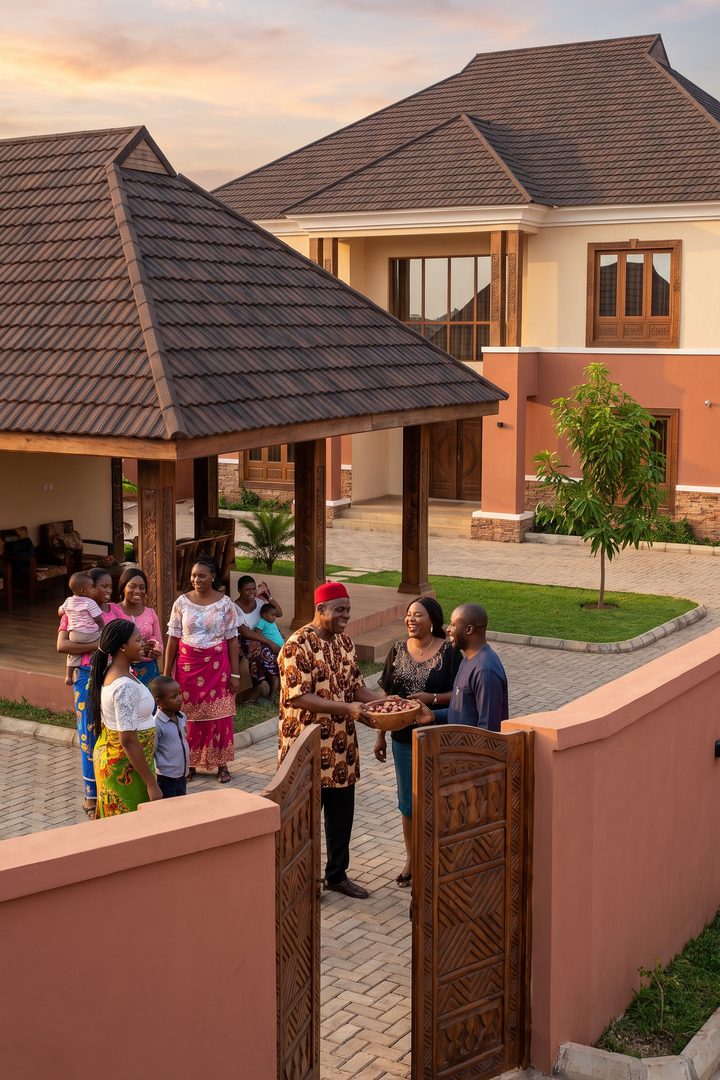 Impression of a family welcoming guests at the obi of their Altana Obi home