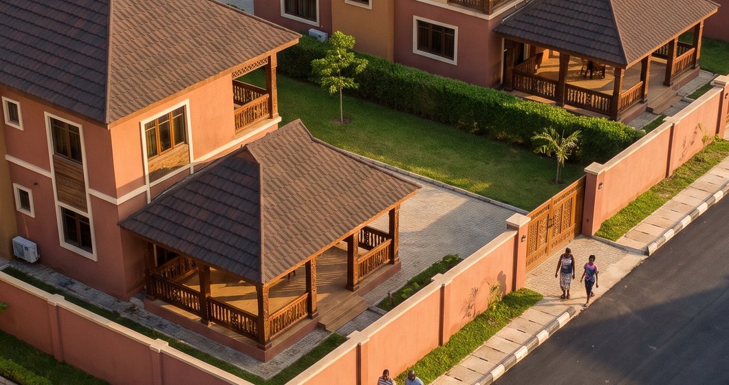 Impression of an Altana Obi home from above: the obi pavilion at the front, the main house behind