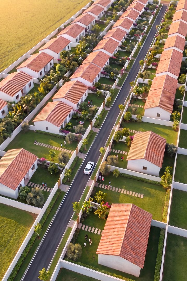 Impression of Altana Sevilla from above: white single-storey houses beside walled gardens