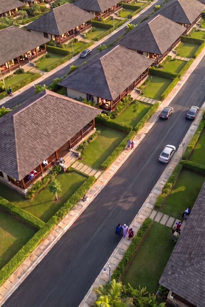 Impression of Altana Ubud from above: low houses under deep roofs