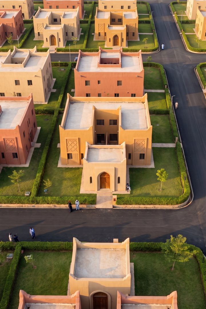 Impression of Altana Zaria from above: earth-toned homes around private courtyards