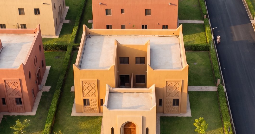 Impression of Altana Zaria homes from above: earth-toned houses around private courtyards