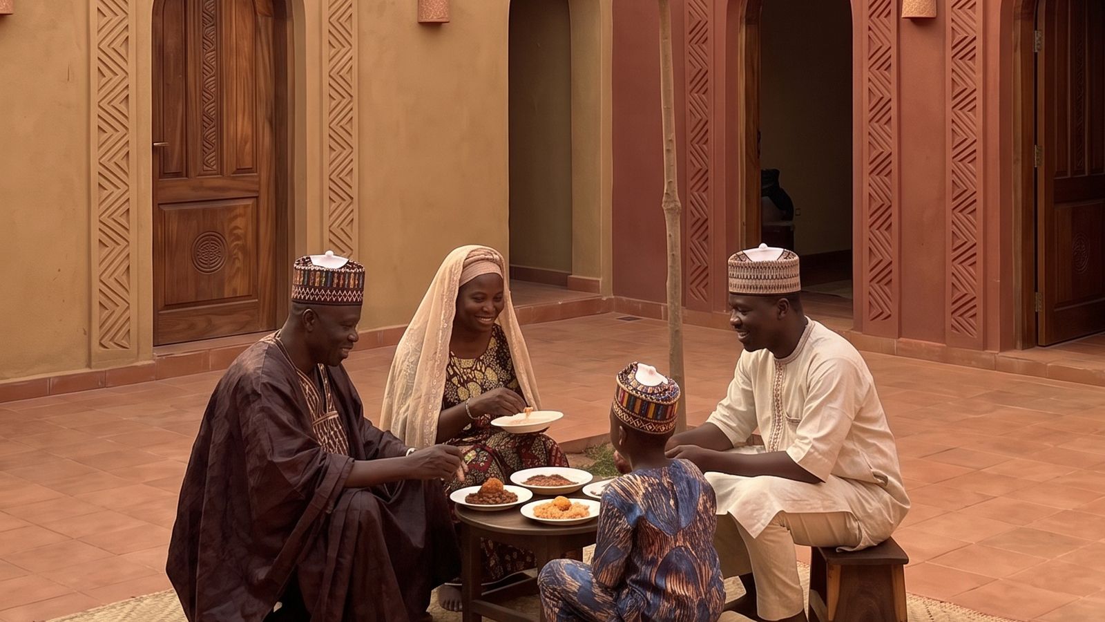 Impression of a family eating together in the courtyard of their Altana Zaria home